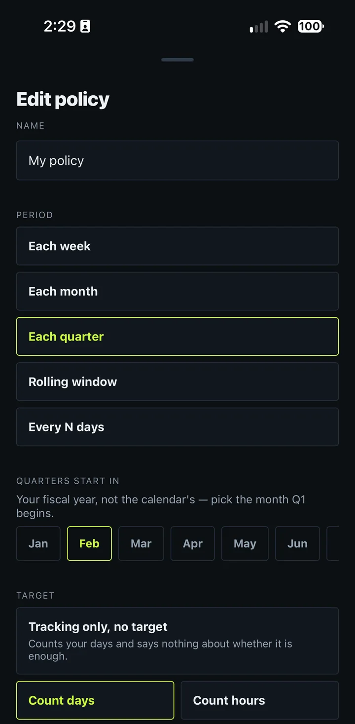 The policy editor on iPhone, with the period set to a fiscal quarter beginning in February and rolling-window and every-N-days options listed above it.