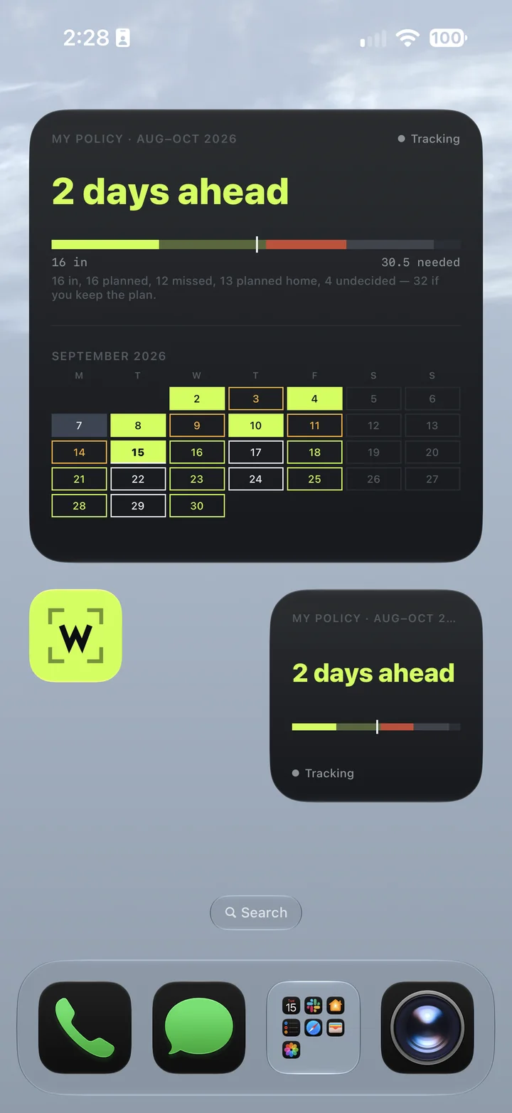 An iPhone home screen with the WhereWise widget showing the August to October period two days ahead, beside a smaller widget carrying the same standing.
